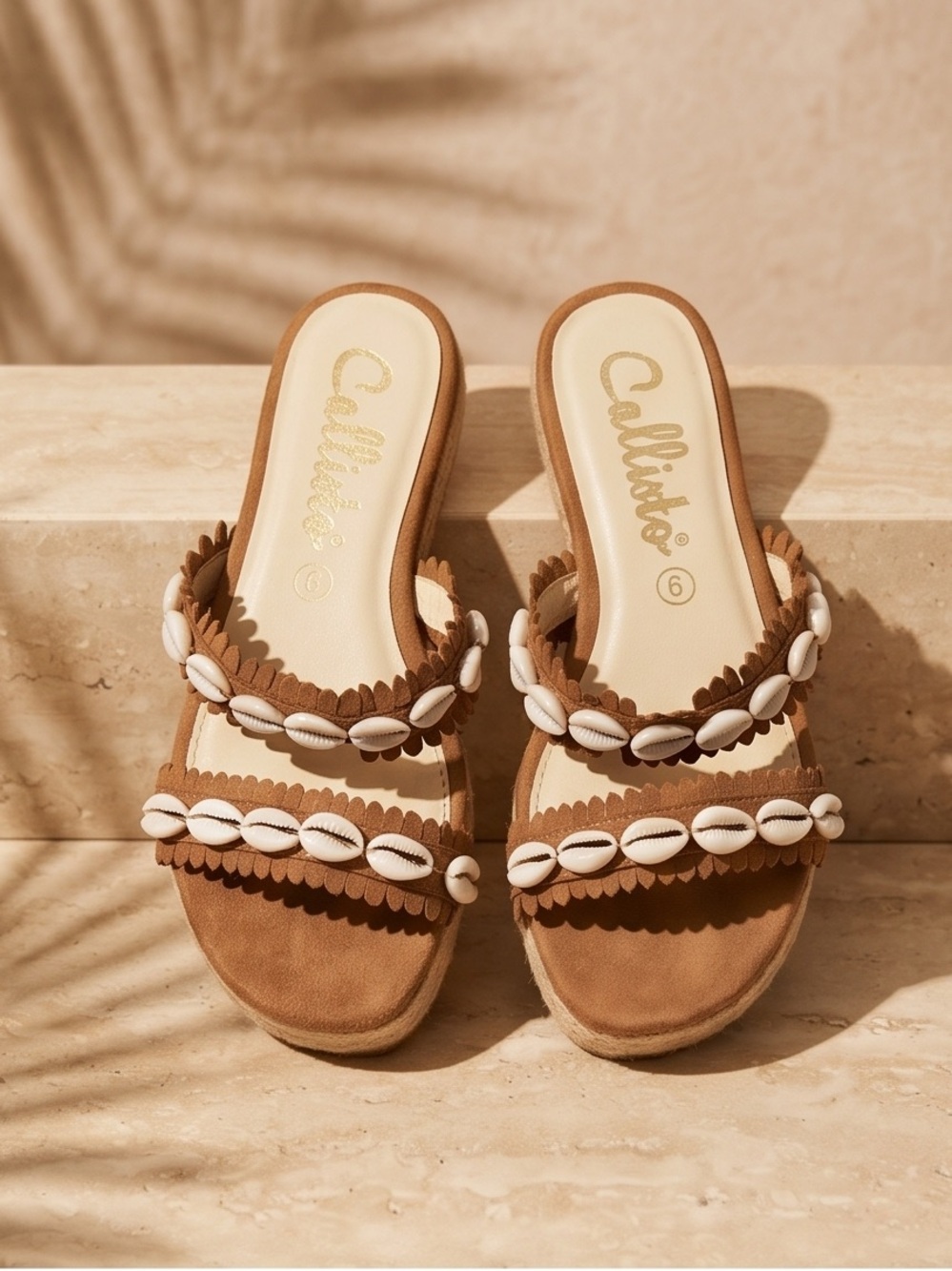 Callisto Brown Suede Shell-Trim Slide Mules